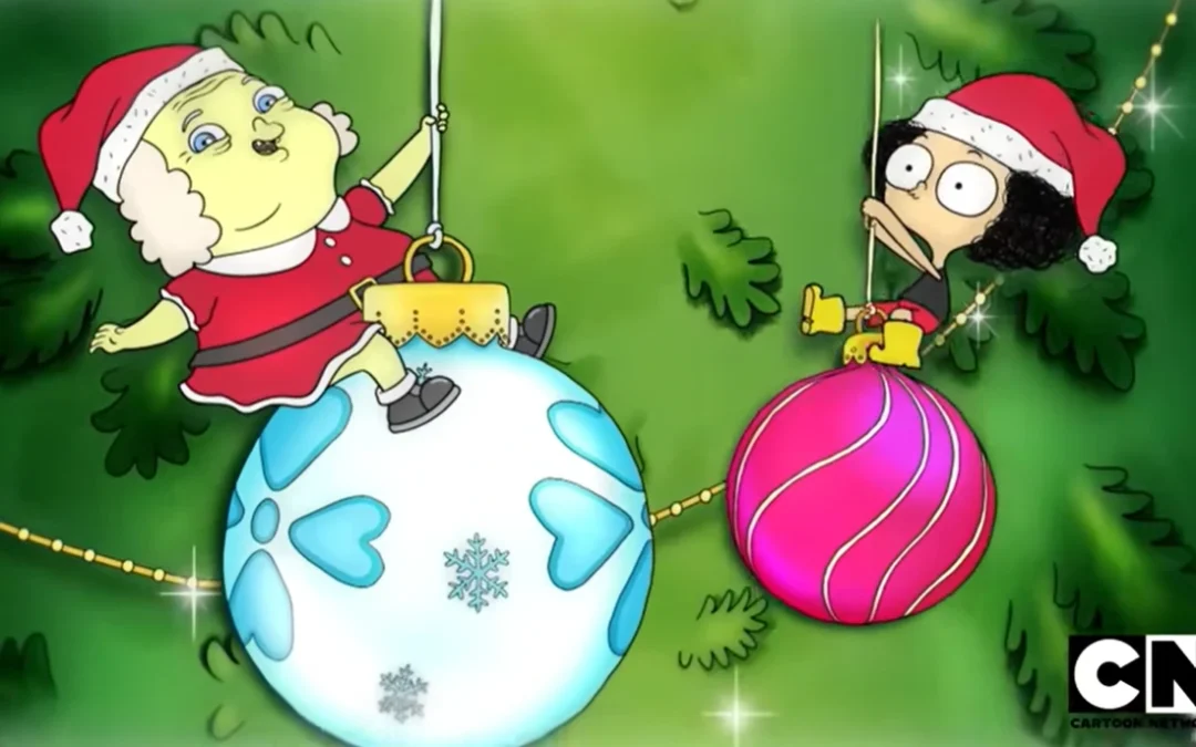 Vovó Juju e Irmão do Jorel, sentados em bolas gigantes de uma árvore de Natal